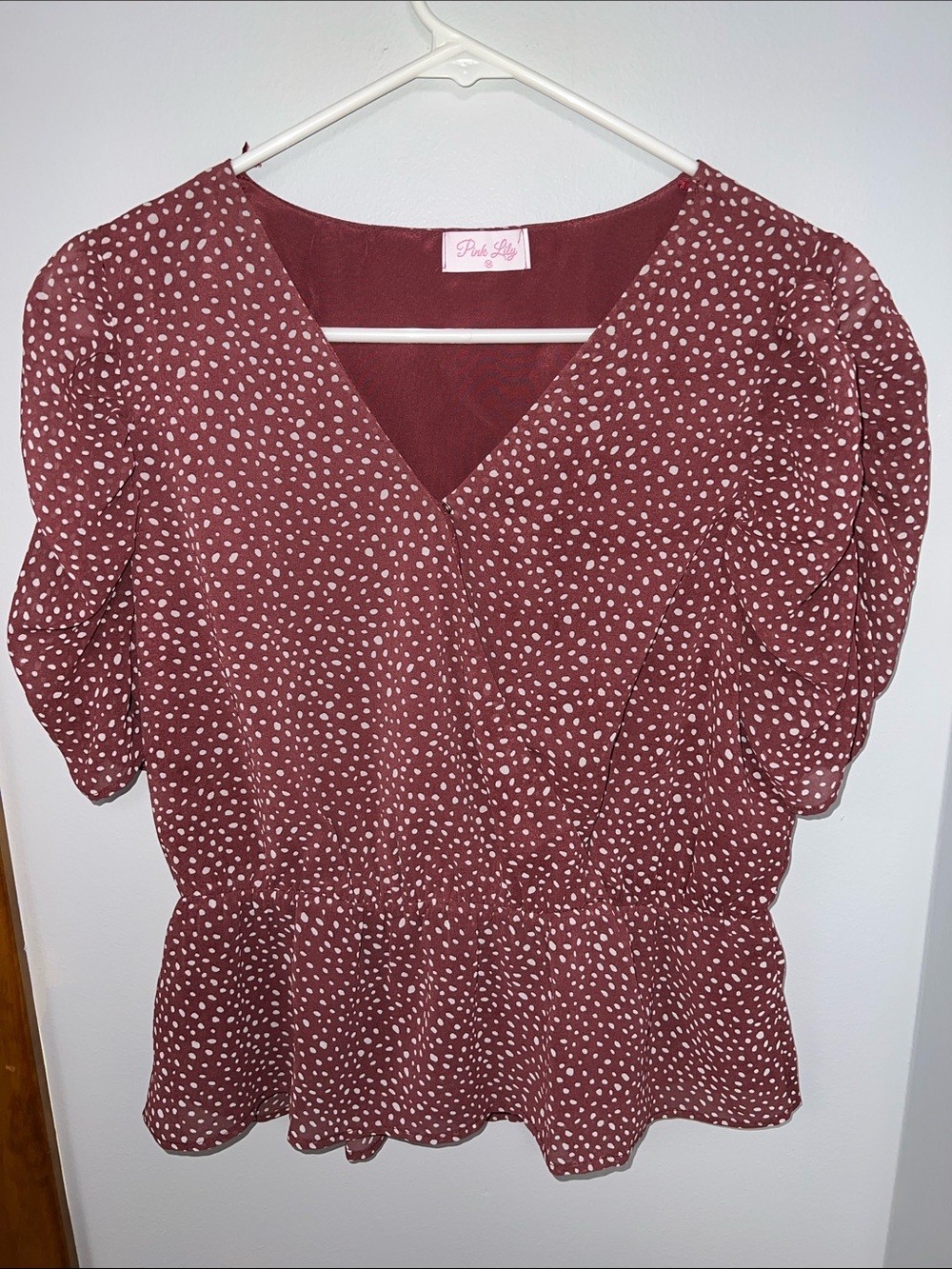 Pink Lily Mauve Dot Peplum V-Neck Blouse